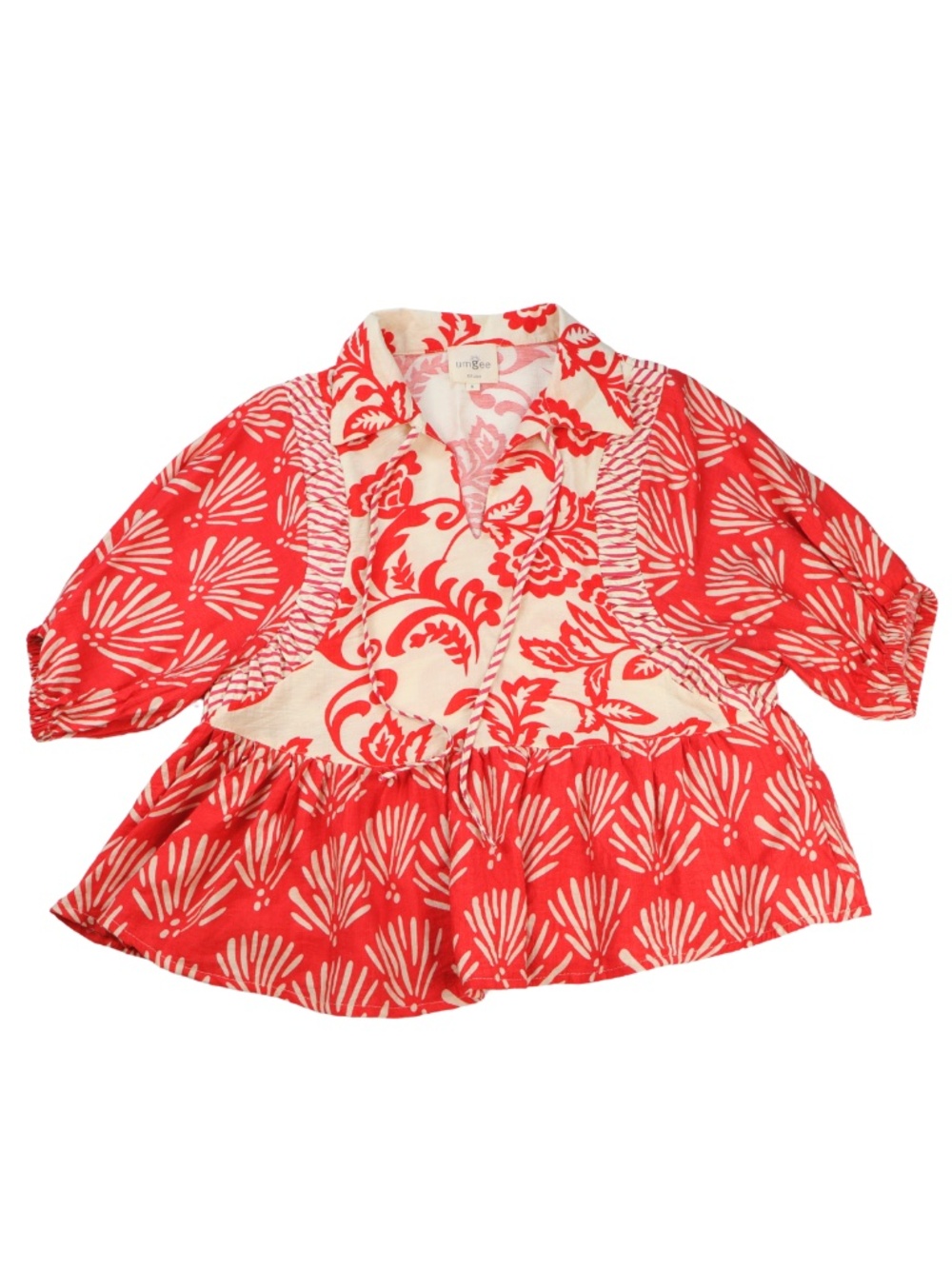 Umgee Oversized Boho Peplum Top Small Red Cream Puff Sleeve